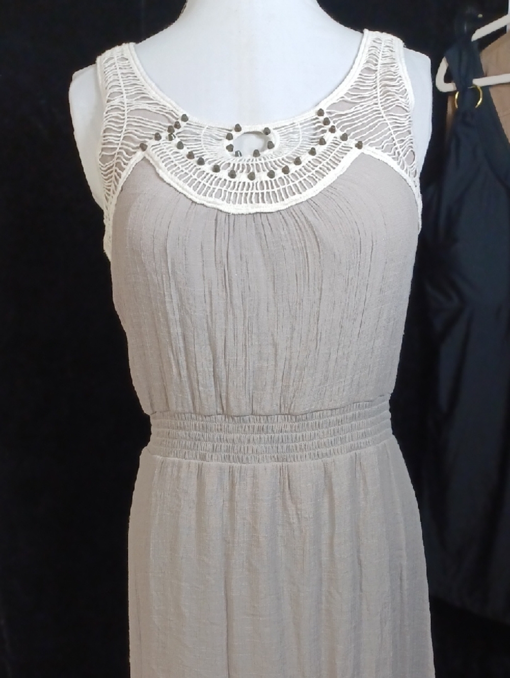 I.N. Studio Crochet Yoke Sleeveless Maxi Dress - Gray & White